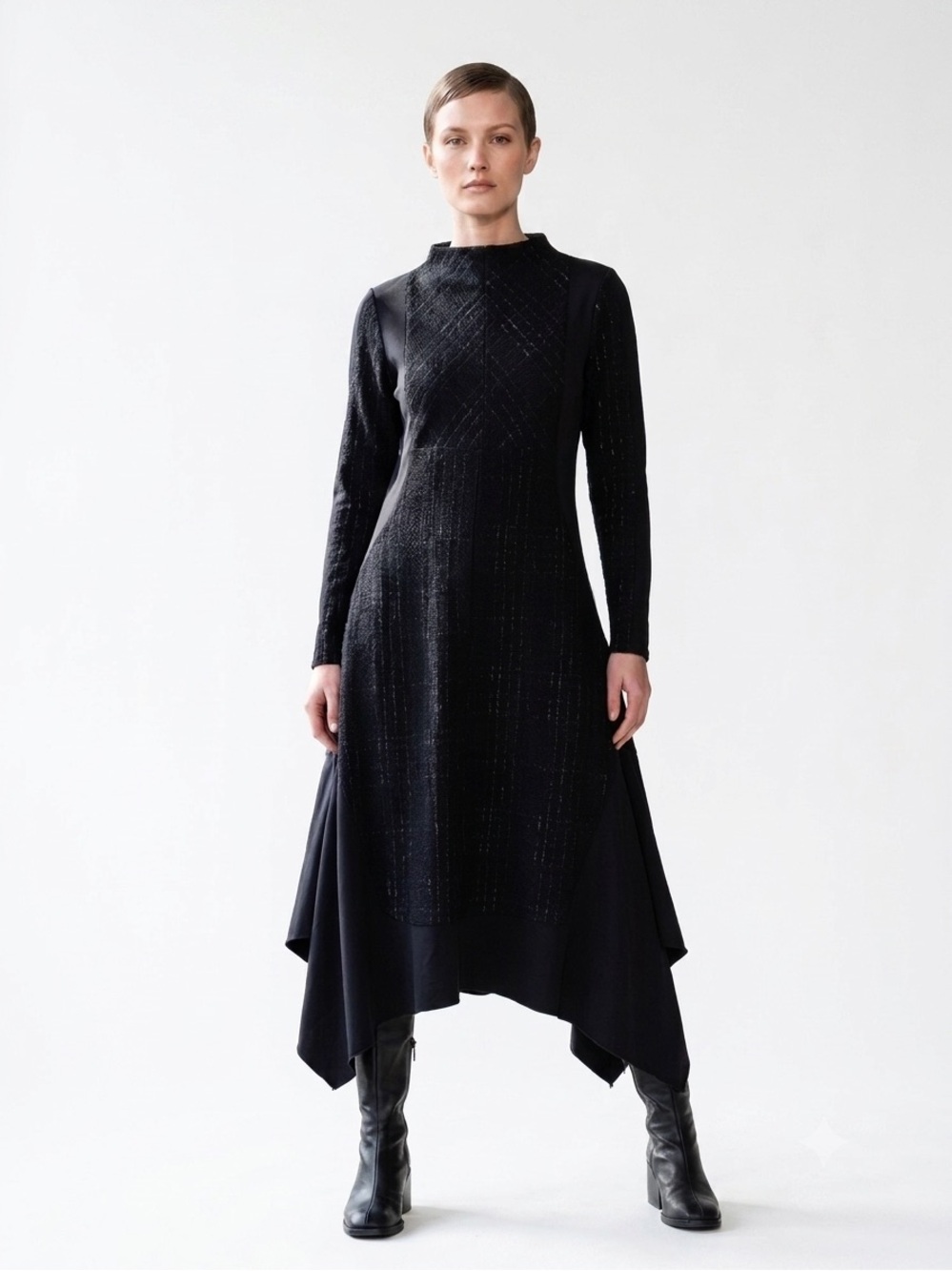 Ozai N Ku Avant-Garde Mixed-Media Asymmetric Midi Dress